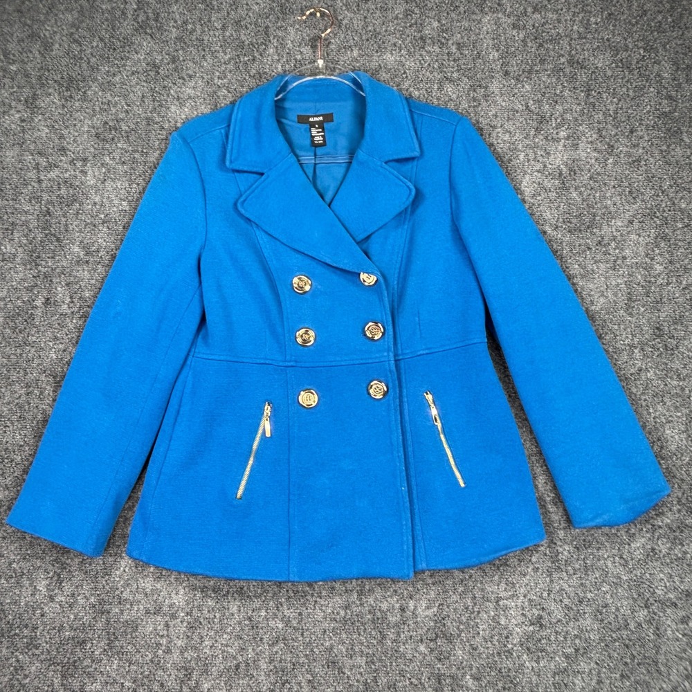 Alfani Womens Blue Double Breasted Pea Coat Gold Buttons Size 8